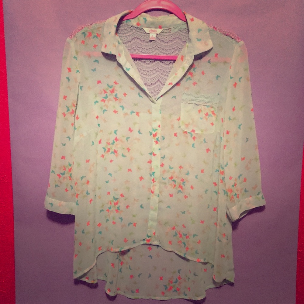 Long sleeve sheer soft mint blue blouse